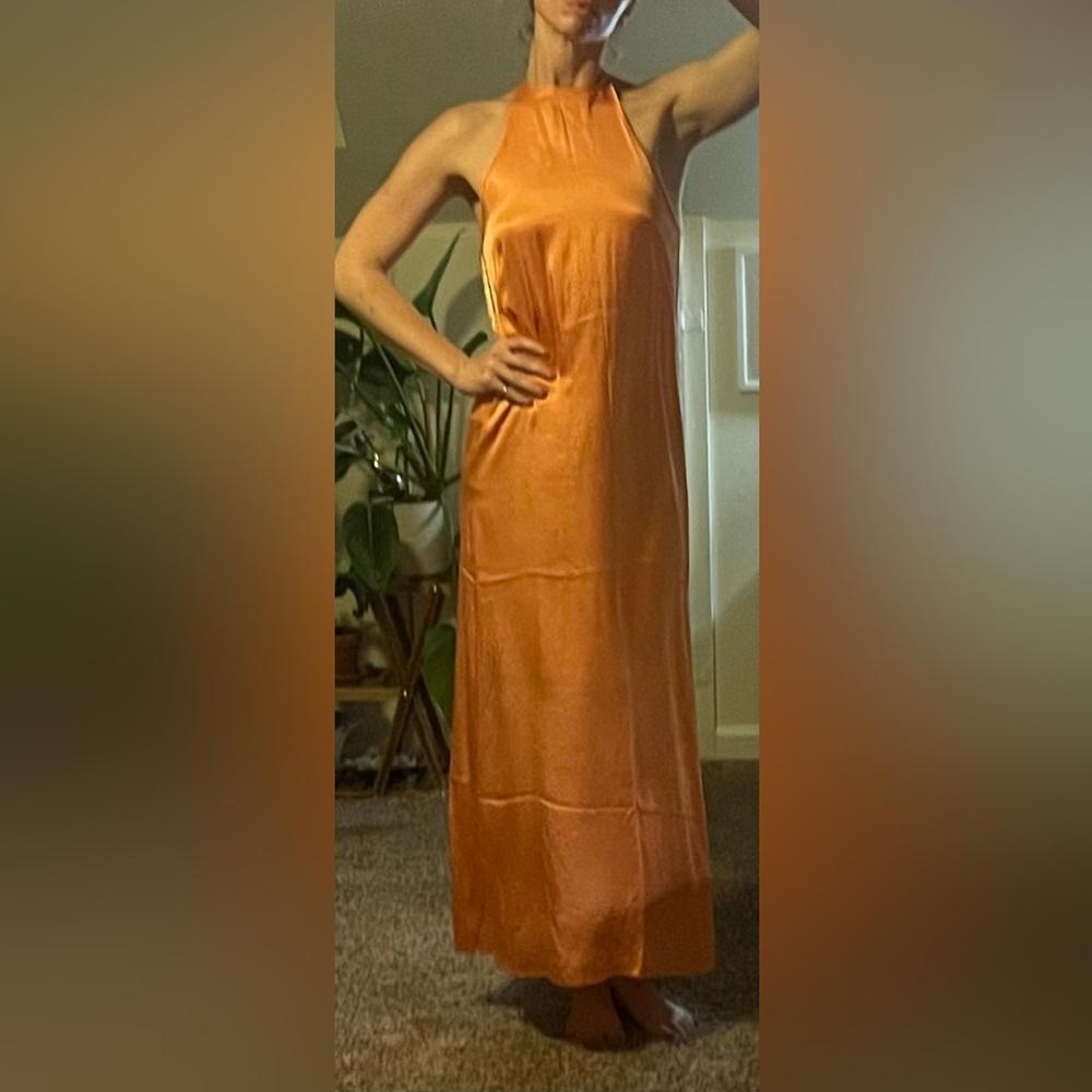 Zara Orange Satin Maxi Dress high neck halter peach